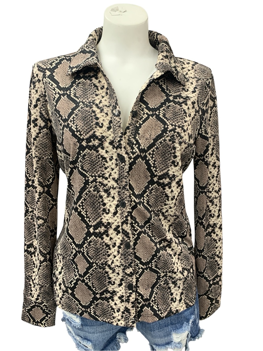 Jules & Leopold Beige and Black Snake Print Button-Front Shirt Jacket Size S
